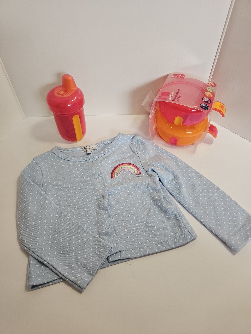 Light Blue Polka Dot Long-Sleeve Cardigan, Plastic Cup & 2 Bowls With Lids - New
